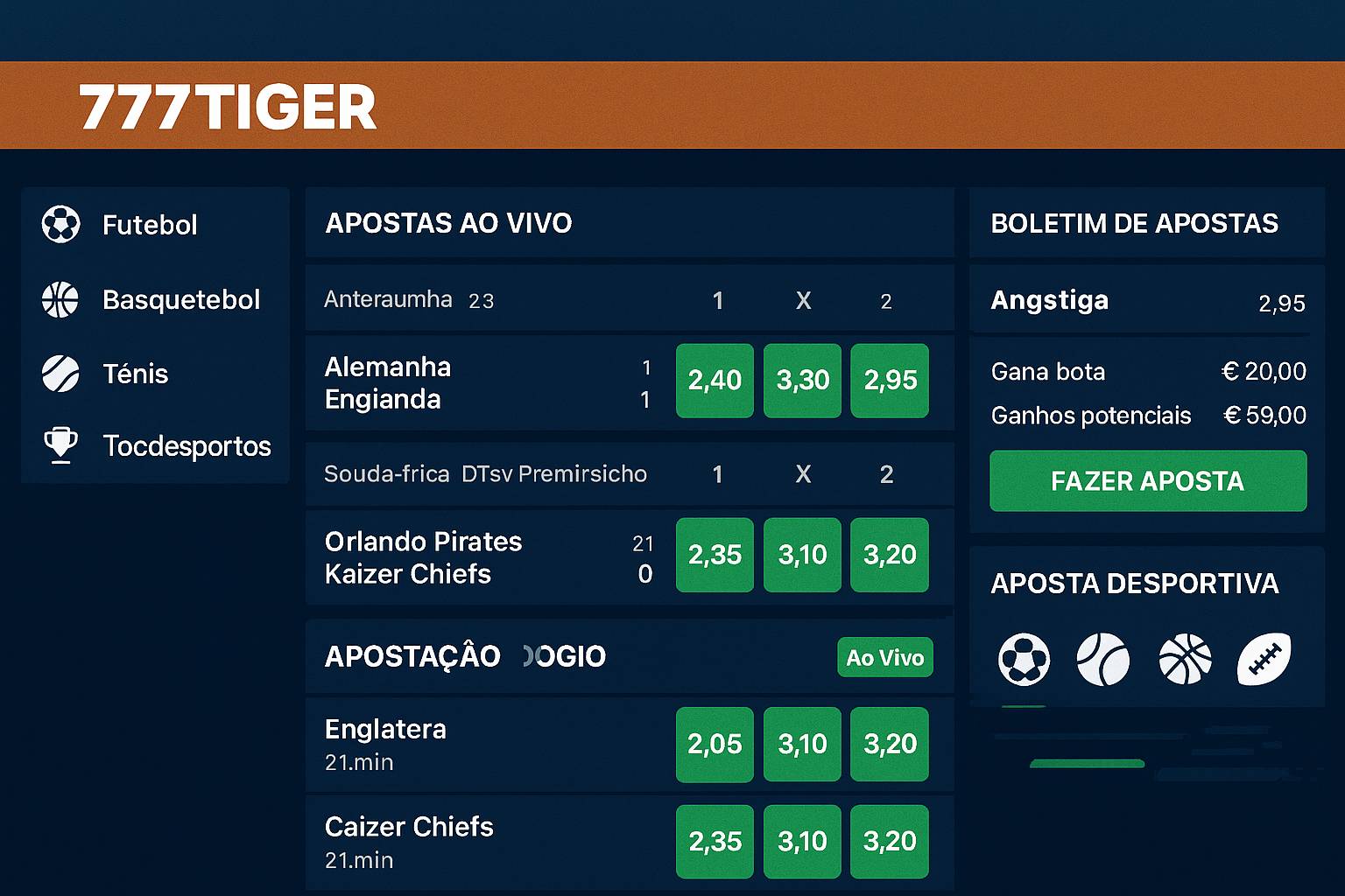 Apostas esportivas no cassino online 777TIGER